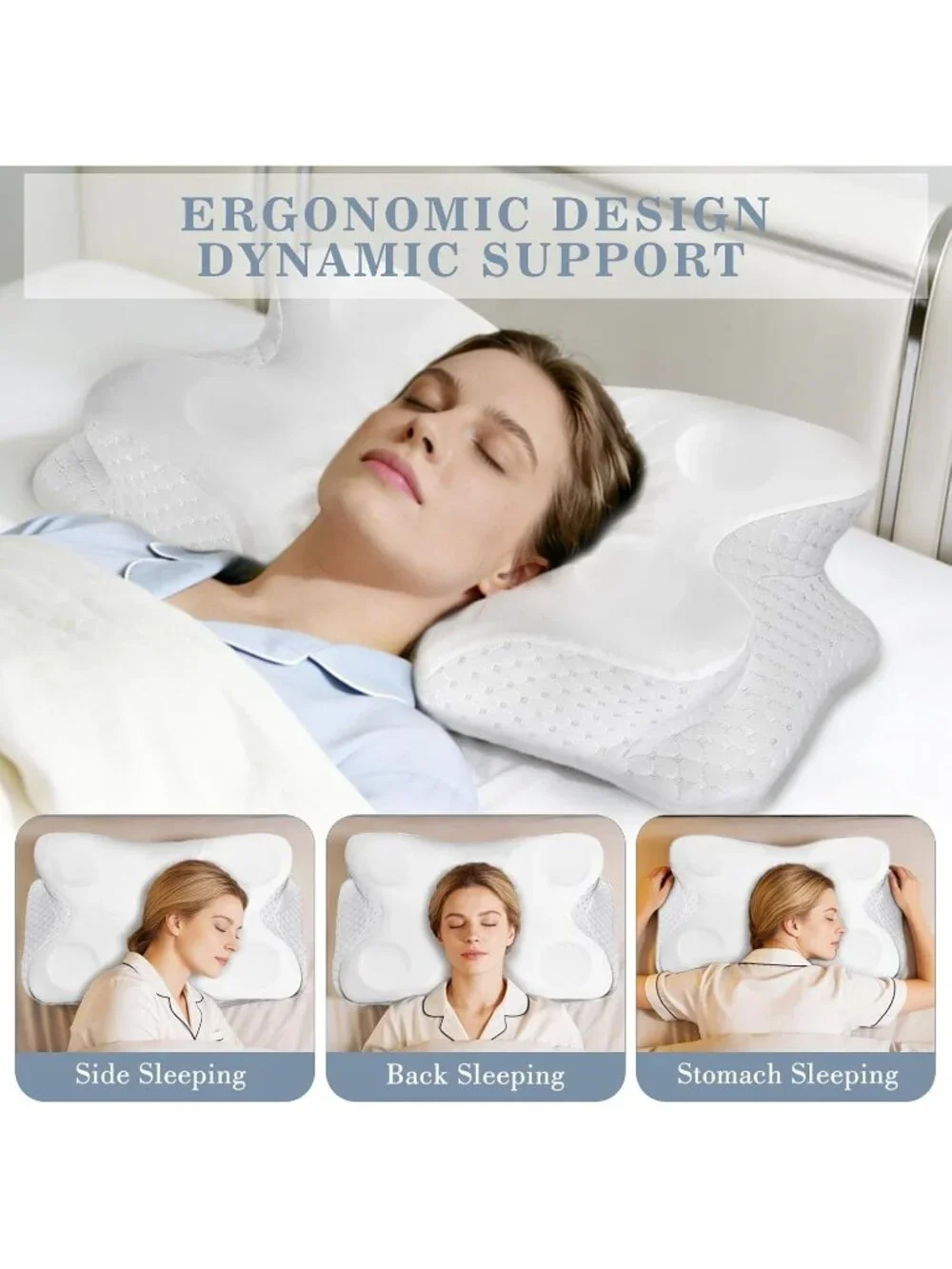 〽️Cervical Neck Pillow Ergonomic Contour Memory Foam Cooling White Silk Cover